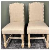 Pair of Beige Upholstered Dining Chairs & Nailhead Trim on Wood Legs
