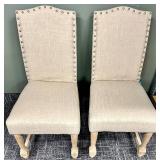 Pair of Beige Upholstered Dining Chairs & Nailhead Trim on Wood Legs