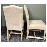 Pair of Beige Upholstered Dining Chairs & Nailhead Trim on Wood Legs