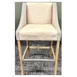 Bar Stool - Beige Nailhead Upholstered with Wood Legs & Footrest