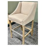 Bar Stool - Beige Nailhead Upholstered with Wood Legs & Footrest