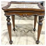 Ornate Carved Wood Side Table - Patterned Inlay Top, French Provincial Style