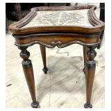 Ornate Carved Wood Side Table - Patterned Inlay Top, French Provincial Style