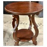 Round Wooden End Table with Lower Shelf & Carved Legs - Dark Brown Finish