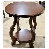 Round Wooden End Table with Lower Shelf & Carved Legs - Dark Brown Finish