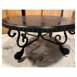 Painted Round Black Wrought Iron Coffee Table with Studded Edge & Ornate Scroll Base