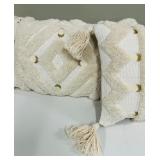 Cream Throw Pillows 10 x 19 Inches - Pair with Diamond Pattern & Tassels