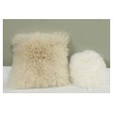 Beige Faux Fur Pillow 20 x 20 in & White Faux Fur Round Pillow 14 in Diameter (Lot of 2)
