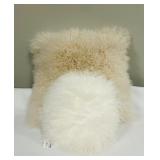 Beige Faux Fur Pillow 20 x 20 in & White Faux Fur Round Pillow 14 in Diameter (Lot of 2)