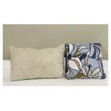 Beige Linen Throw Pillow & Blue Floral Print Pillow (Lot of 2)