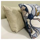Beige Linen Throw Pillow & Blue Floral Print Pillow (Lot of 2)