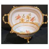 LL-ST - TCI Iran Footed Serving Tray - Floral Pattern Porcelain, Gold Trim & Handles