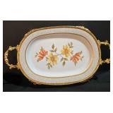 LL-ST - TCI Iran Footed Serving Tray - Floral Pattern Porcelain, Gold Trim & Handles