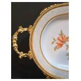 LL-ST - TCI Iran Footed Serving Tray - Floral Pattern Porcelain, Gold Trim & Handles