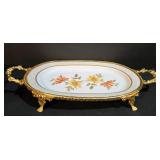 LL-ST - TCI Iran Footed Serving Tray - Floral Pattern Porcelain, Gold Trim & Handles