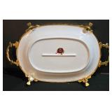 LL-ST - TCI Iran Footed Serving Tray - Floral Pattern Porcelain, Gold Trim & Handles