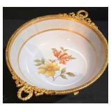 LL-ST - TCI Iran Footed Serving Tray - Floral Pattern Porcelain, Gold Trim & Handles