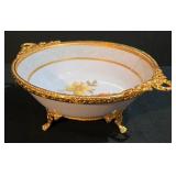LL-ST - TCI Iran Footed Serving Tray - Floral Pattern Porcelain, Gold Trim & Handles