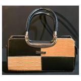 LL-ST - Vittorio Patchwork Faux Leather Handbag - Black & Tan Croc Style Texture