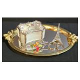 LL-ST - Vanity Accessories Set - Oval Mirrored Tray, Jewel Box, Hair Clip, Eiffel Scissors (Lot of 4)