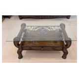 LR - Ashley Furniture Margilles Glass-Top Coffee Table Dark Wood, Ornate Base