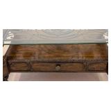 LR - Ashley Furniture Margilles Glass-Top Coffee Table Dark Wood, Ornate Base