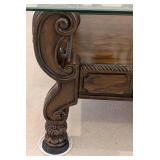 LR - Ashley Furniture Margilles Glass-Top Coffee Table Dark Wood, Ornate Base