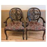 ML - Pair of Carved Wood Armchairs - Damask Upholstery (Lot of 2)