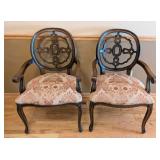 ML - Pair of Carved Wood Armchairs - Damask Upholstery
