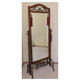 MB - Ornate Standing Mirror with Wood Frame & Wrought Iron Scroll Stand