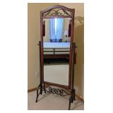 MB - Ornate Standing Mirror with Wood Frame & Wrought Iron Scroll Stand