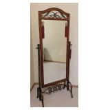 MB - Ornate Standing Mirror with Wood Frame & Wrought Iron Scroll Stand