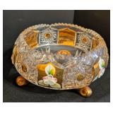 Vintage Bohemia Painted Crystal Footed Bowls - Hand-Painted Floral Motif, Set of 3