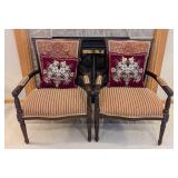 LR - Pair of Vintage French Louis XVI Style Carved Wood Armchairs with Burgundy Damask Backs & Striped Cushions