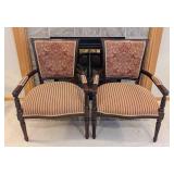 LR - Pair of Vintage French Louis XVI Style Carved Wood Armchairs with Burgundy Damask Backs & Striped Cushions