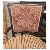 LR - Pair of Vintage French Louis XVI Style Carved Wood Armchairs with Burgundy Damask Backs & Striped Cushions