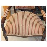 LR - Pair of Vintage French Louis XVI Style Carved Wood Armchairs with Burgundy Damask Backs & Striped Cushions