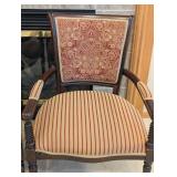 LR - Pair of Vintage French Louis XVI Style Carved Wood Armchairs with Burgundy Damask Backs & Striped Cushions