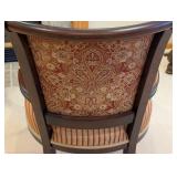 LR - Pair of Vintage French Louis XVI Style Carved Wood Armchairs with Burgundy Damask Backs & Striped Cushions