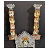 Vintage Crystal Candle Holders & Napkin Holder - Hand-Painted Floral Motifs