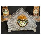 Vintage Crystal Candle Holders & Napkin Holder - Hand-Painted Floral Motifs