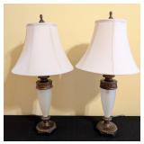 ML - Pair of Vintage Brass Table Lamps with Frosted Glass Columns