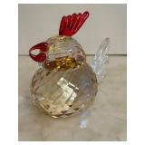 BR1 - Crystal Chick Figurine - Faceted Glass Bird, 4 in Tall, Red Comb, Clear Tail