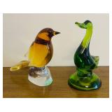 BR1 - Green Glass Duck & Amber Glass Bird Figurines (Lot of 2)