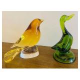 BR1 - Green Glass Duck & Amber Glass Bird Figurines (Lot of 2)