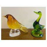 BR1 - Green Glass Duck & Amber Glass Bird Figurines (Lot of 2)