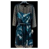 MBC - Teal Floral Mesh Overlay Dress - Polka Dot Sheer Sleeves, Size 14, Knee-Length