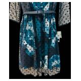 MBC - Teal Floral Mesh Overlay Dress - Polka Dot Sheer Sleeves, Size 14, Knee-Length