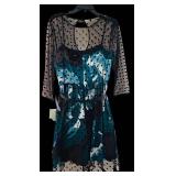 MBC - Teal Floral Mesh Overlay Dress - Polka Dot Sheer Sleeves, Size 14, Knee-Length