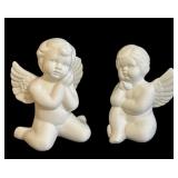 k - Angel Cherub Figurines - Pair, White Ceramic, Winged Baby Angels